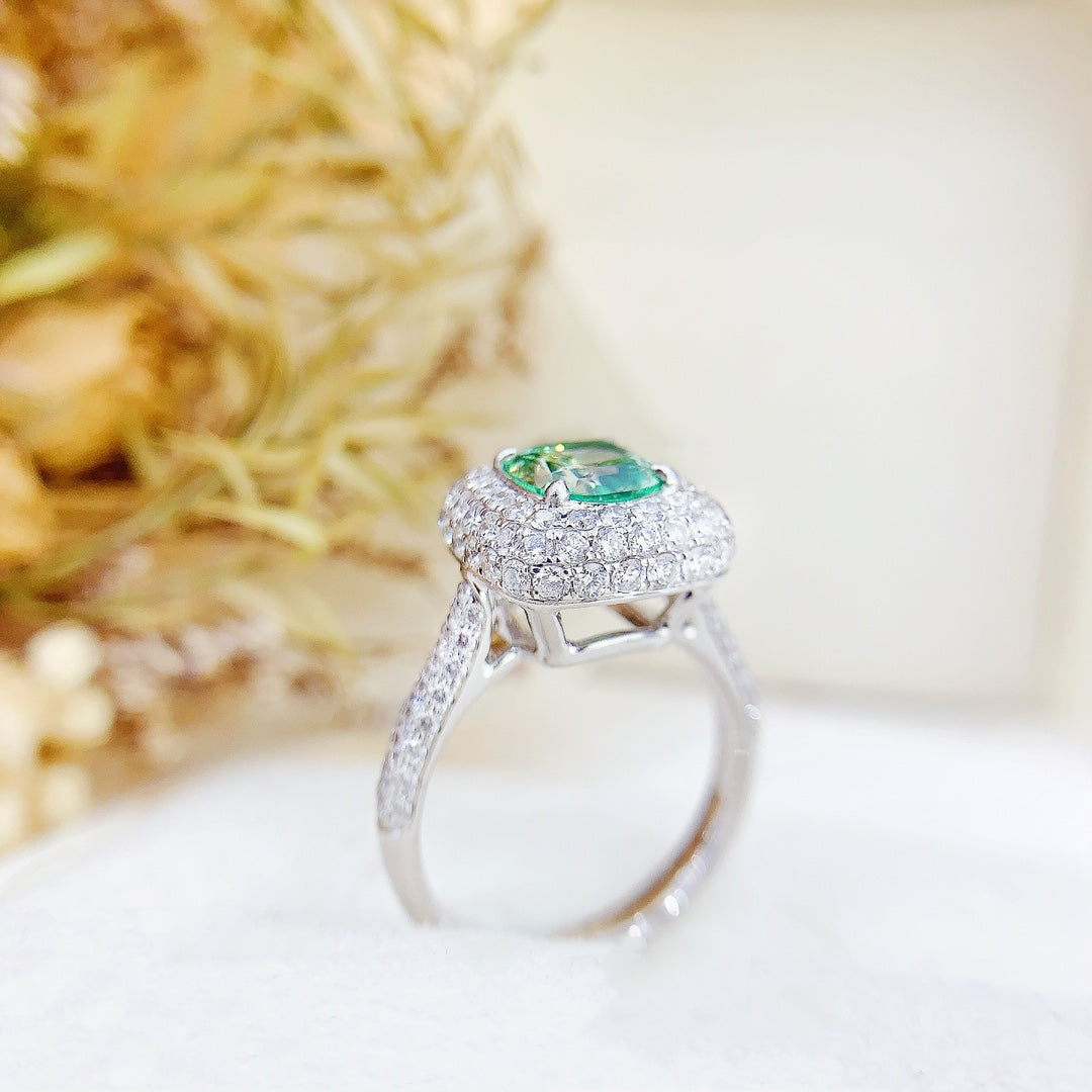 18K Green Diamond GIA Pillow-Cut Fully Paved Ring - Premium Jewelry - GIA Green Diamond Ring