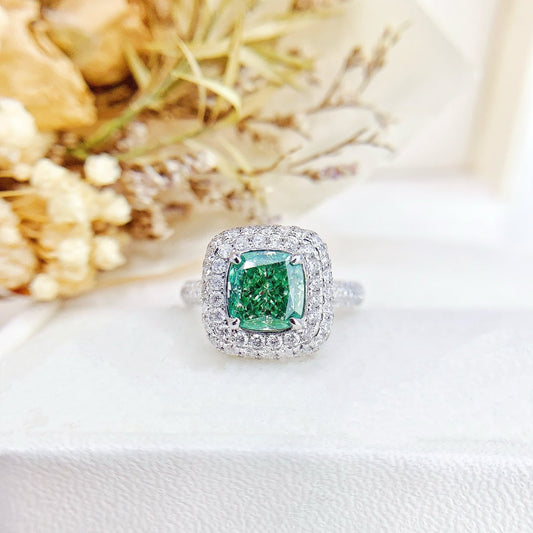 18K Green Diamond GIA Pillow-Cut Fully Paved Ring - Premium Jewelry - GIA Green Diamond Ring