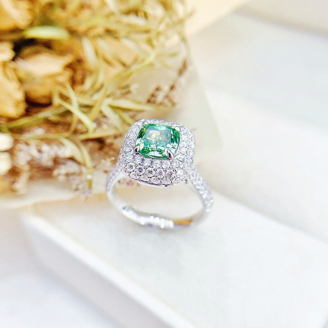 18K Green Diamond GIA Pillow-Cut Fully Paved Ring - Premium Jewelry - GIA Green Diamond Ring