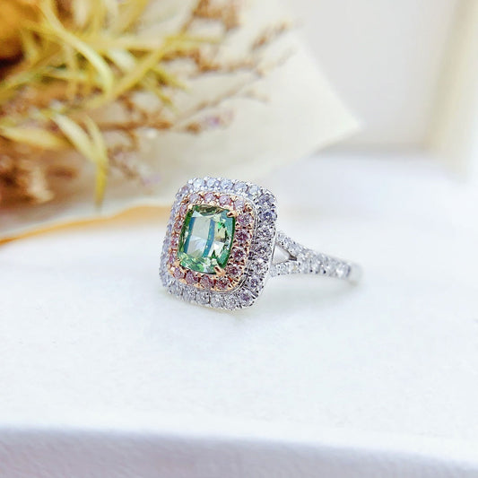 18K Green Diamond GIA Pillow Cut Y-Arm Ring - Luxurious Jewelry Piece - GIA Green Diamond Ring