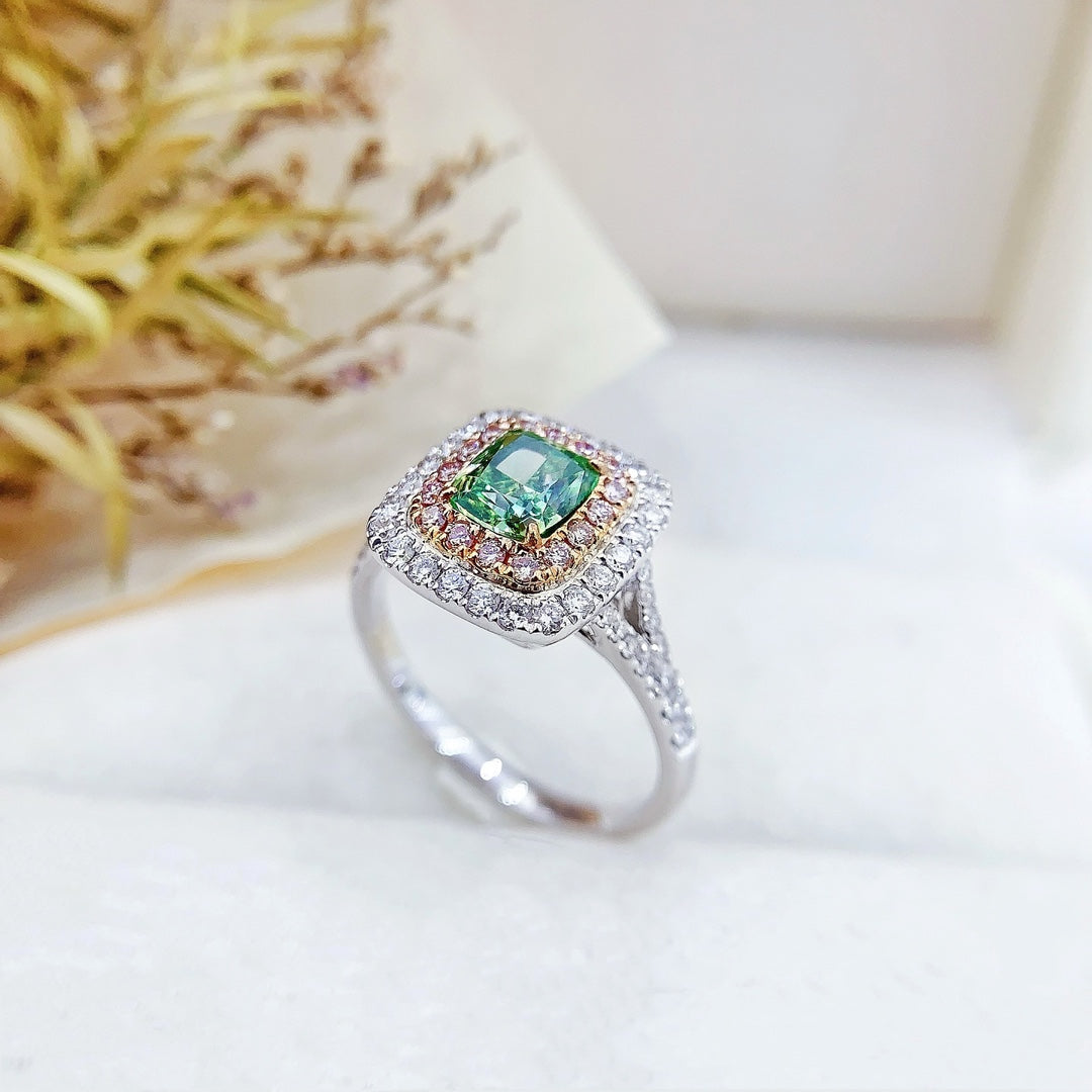 18K Green Diamond GIA Pillow Cut Y-Arm Ring - Luxurious Jewelry Piece - GIA Green Diamond Ring