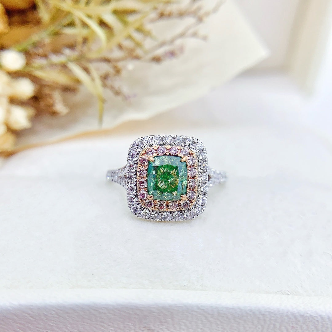 18K Green Diamond GIA Pillow Cut Y-Arm Ring - Luxurious Jewelry Piece - GIA Green Diamond Ring