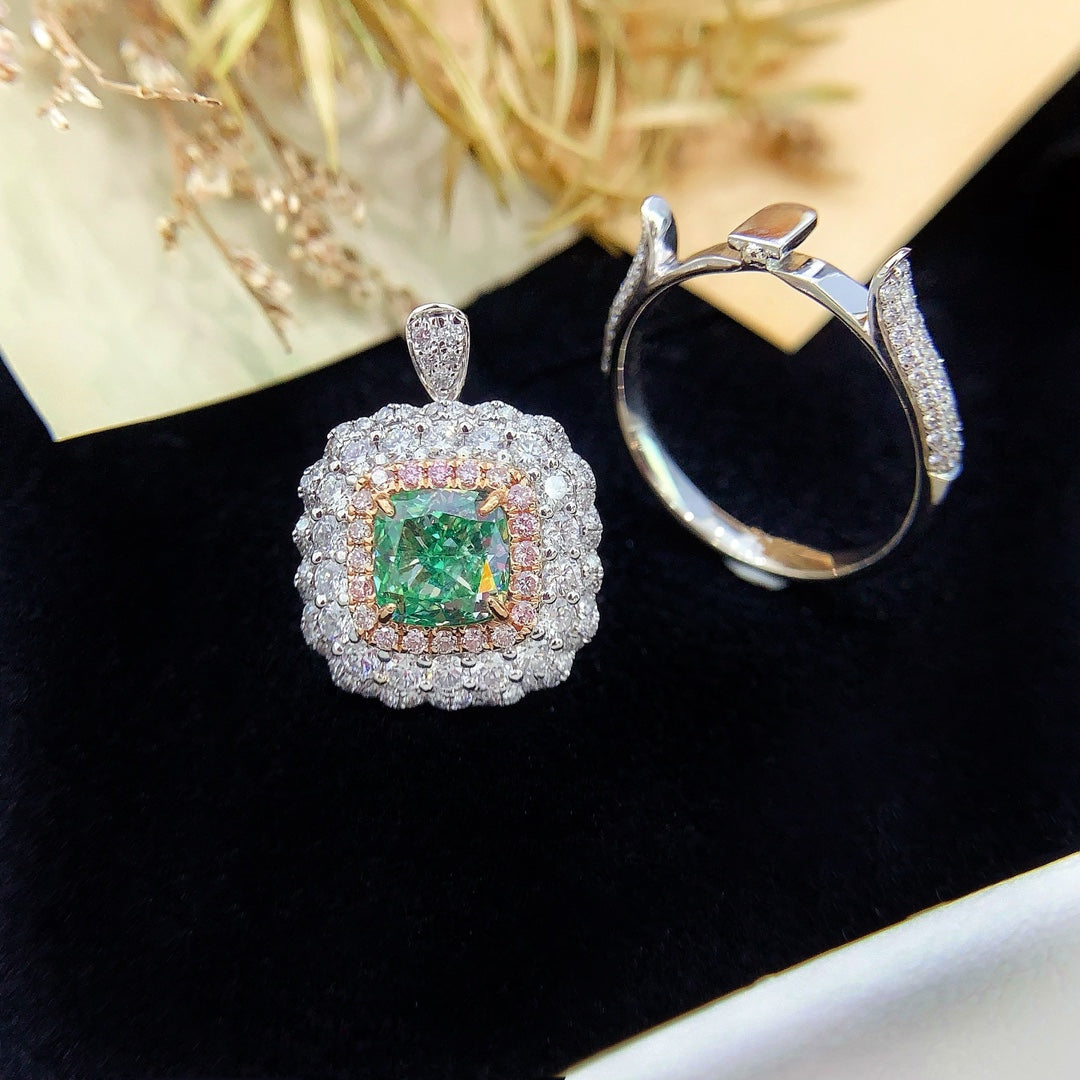 18K Green Diamond GIA Pillow-Shaped Double-Wrap Convertible Jewelry - GIA Green Diamond Ring