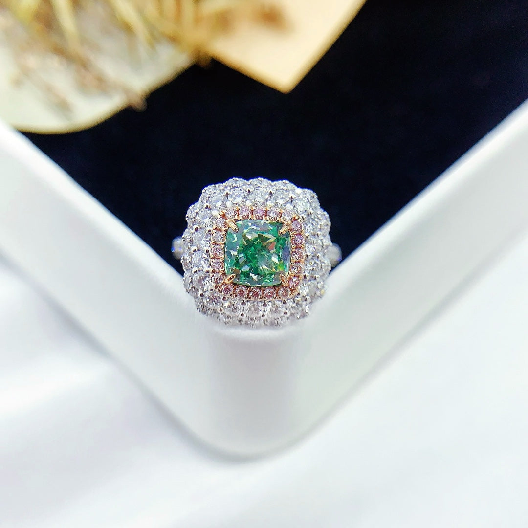 18K Green Diamond GIA Pillow-Shaped Double-Wrap Convertible Jewelry - GIA Green Diamond Ring