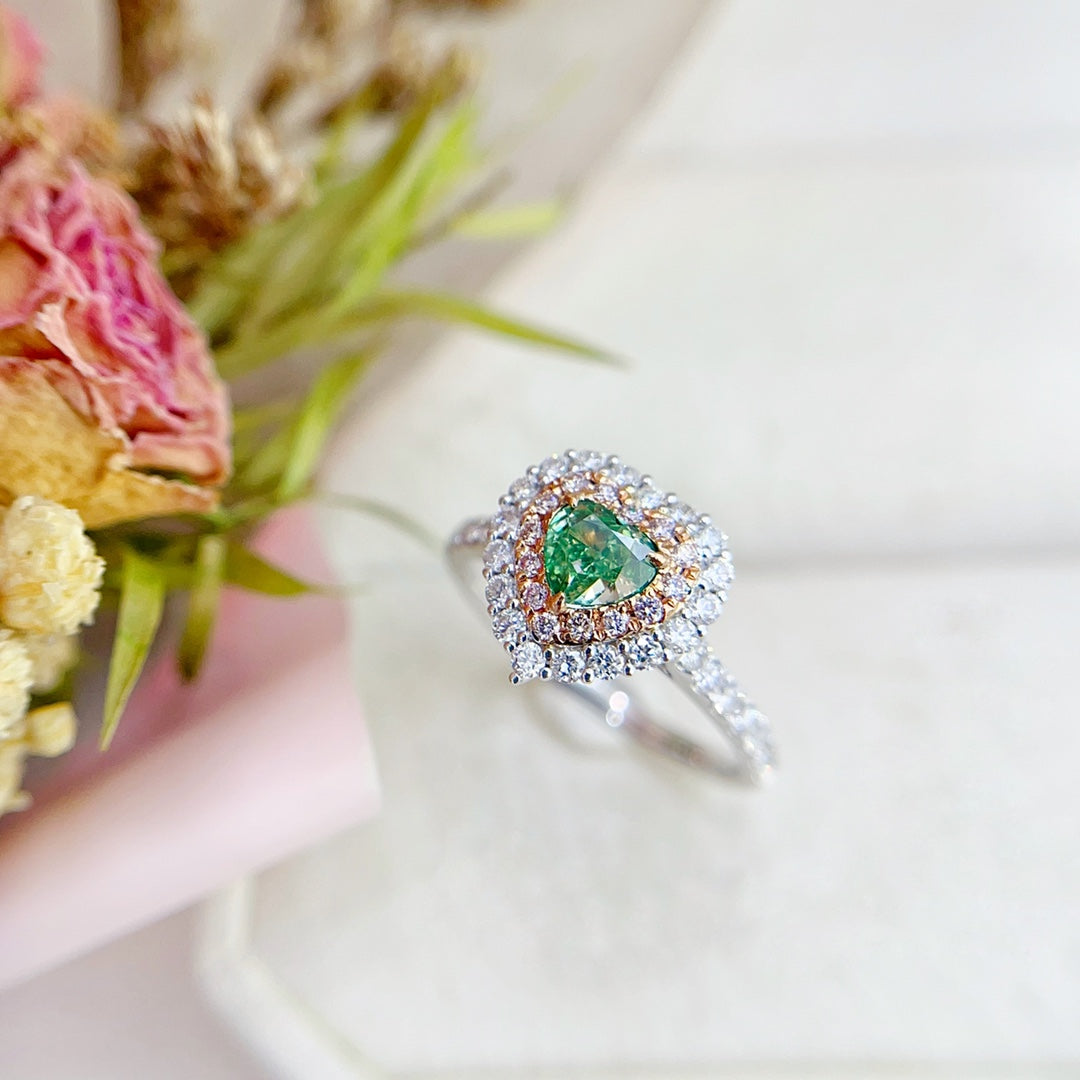 18K Green Diamond Heart-Shaped Cluster Ring | Premium Jewelry - Green Diamond Ring