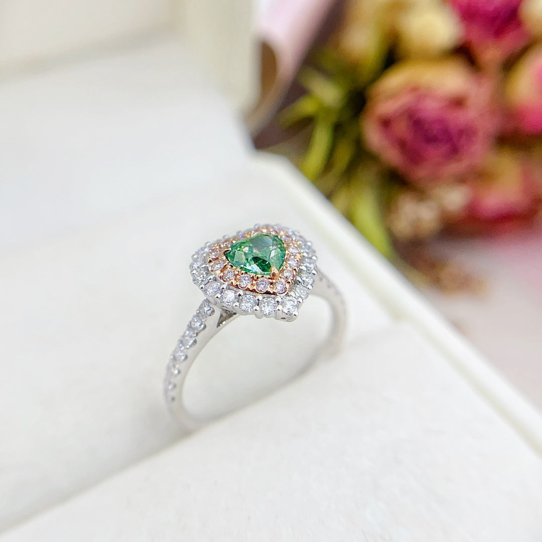 18K Green Diamond Heart-Shaped Cluster Ring | Premium Jewelry - Green Diamond Ring