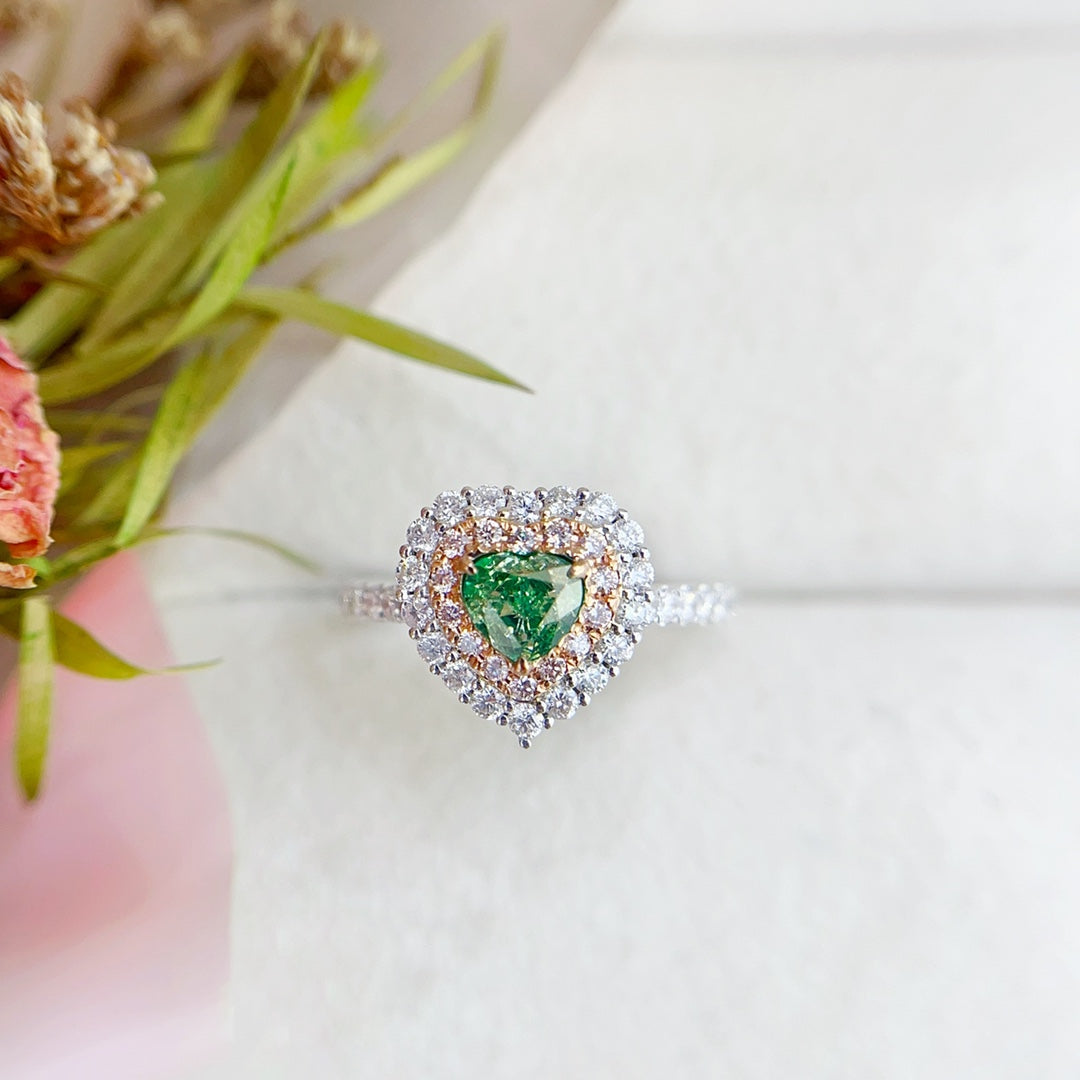 18K Green Diamond Heart-Shaped Cluster Ring | Premium Jewelry - Green Diamond Ring