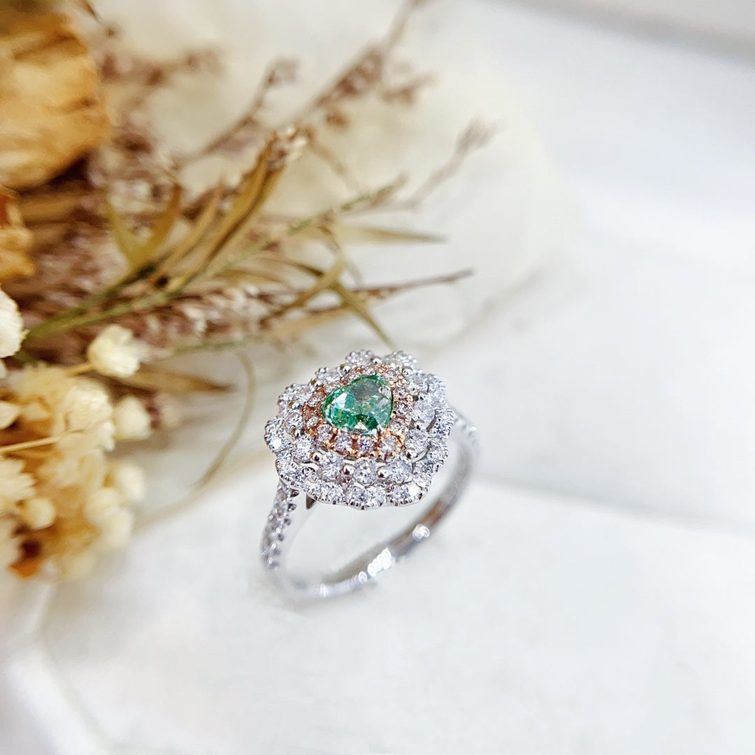 18K Green Diamond Heart-Shaped Cluster Ring with International Certification - Green Diamond Ring