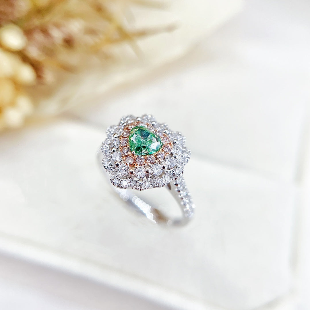 18K Green Diamond Heart-Shaped Cluster Ring with International Certification - Green Diamond Ring