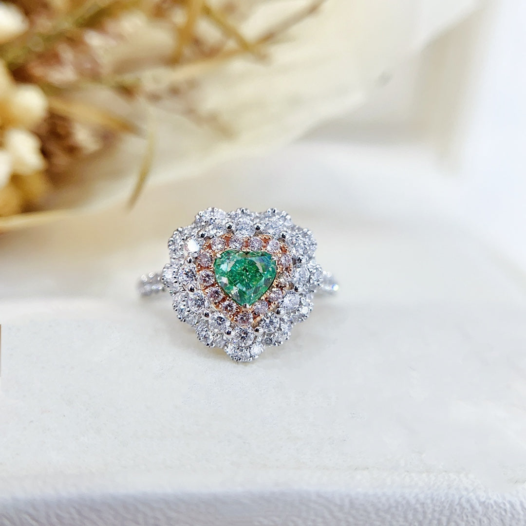 18K Green Diamond Heart-Shaped Cluster Ring with International Certification - Green Diamond Ring