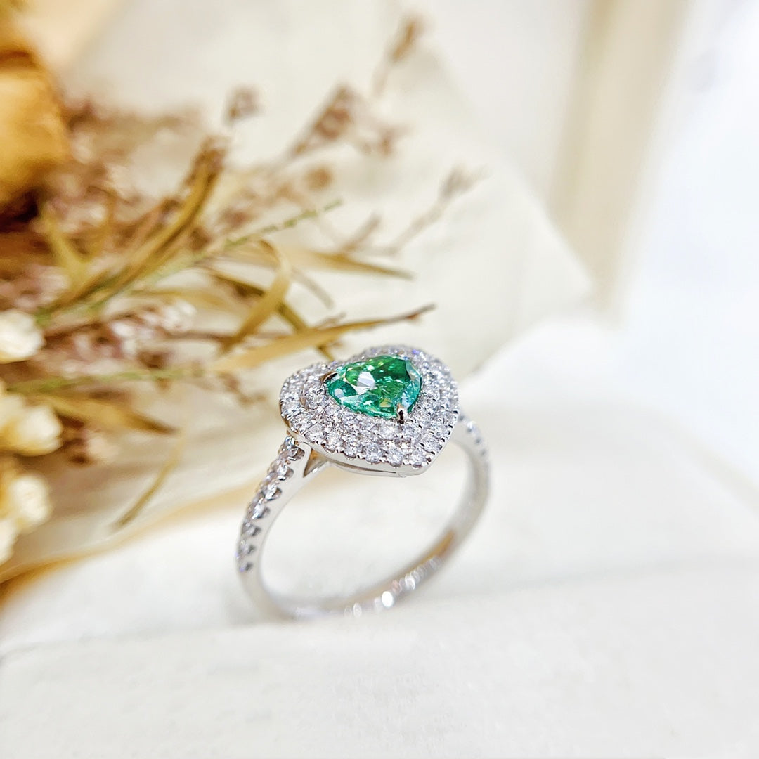 18K Green Diamond Heart-shaped Double Halo Ring with AGL Certificate - Luxury Jewelry - Green Diamond Ring