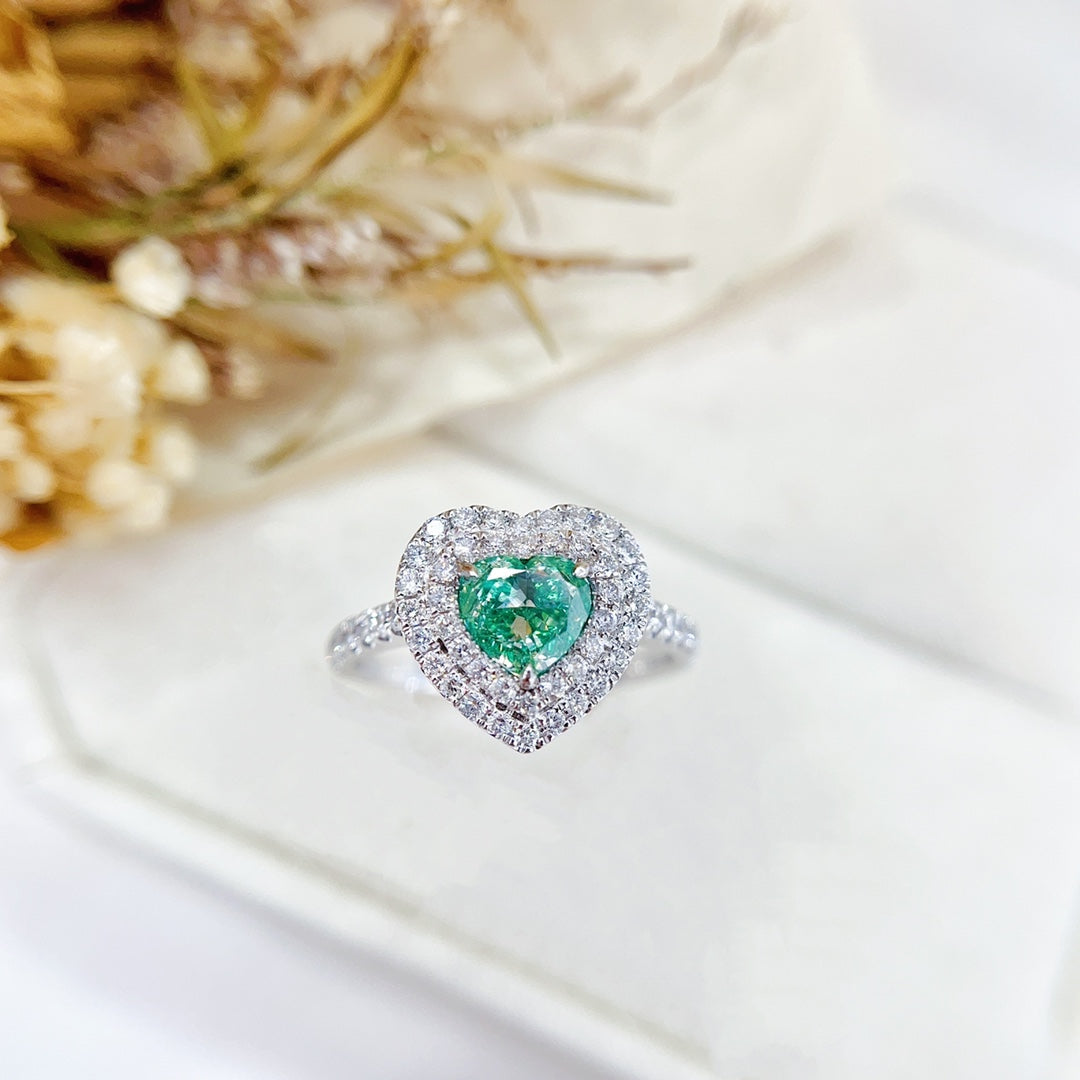 18K Green Diamond Heart-shaped Double Halo Ring with AGL Certificate - Luxury Jewelry - Green Diamond Ring