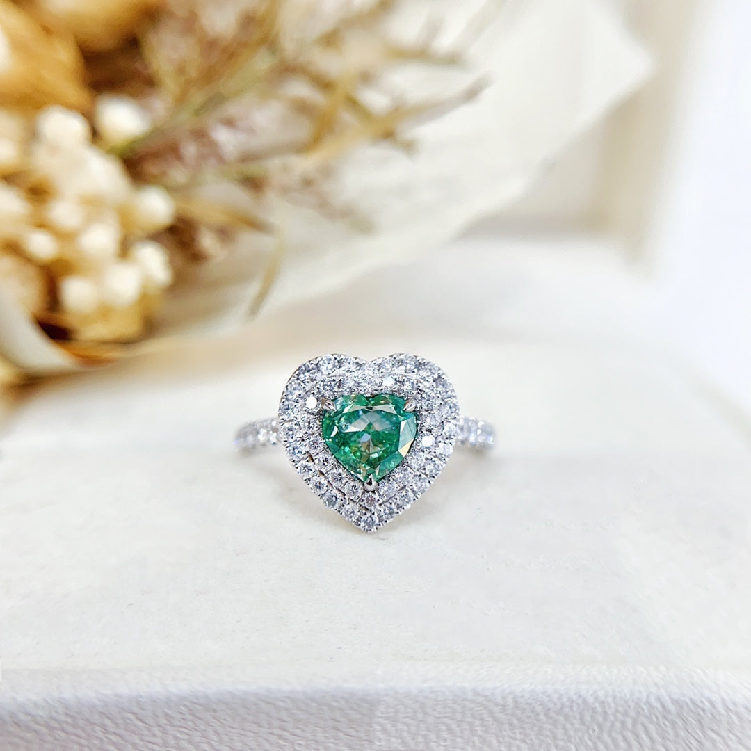 18K Green Diamond Heart-shaped Double Halo Ring with AGL Certificate - Luxury Jewelry - Green Diamond Ring