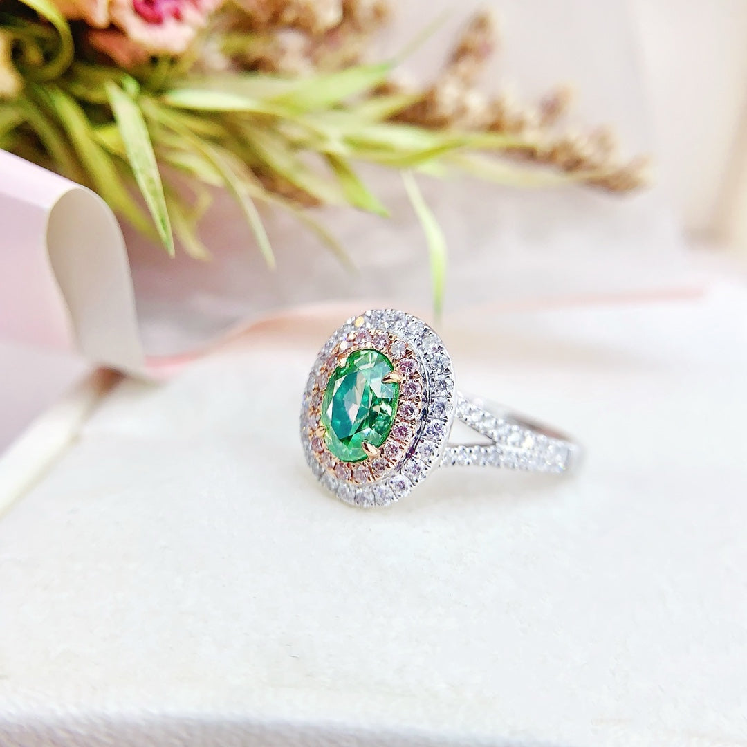 18K Green Diamond Oval Cluster Y-Arm Ring with International Certification - Green Diamond Ring