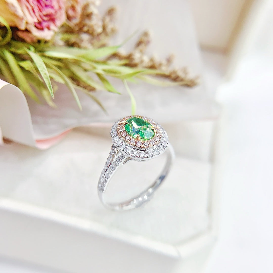 18K Green Diamond Oval Cluster Y-Arm Ring with International Certification - Green Diamond Ring