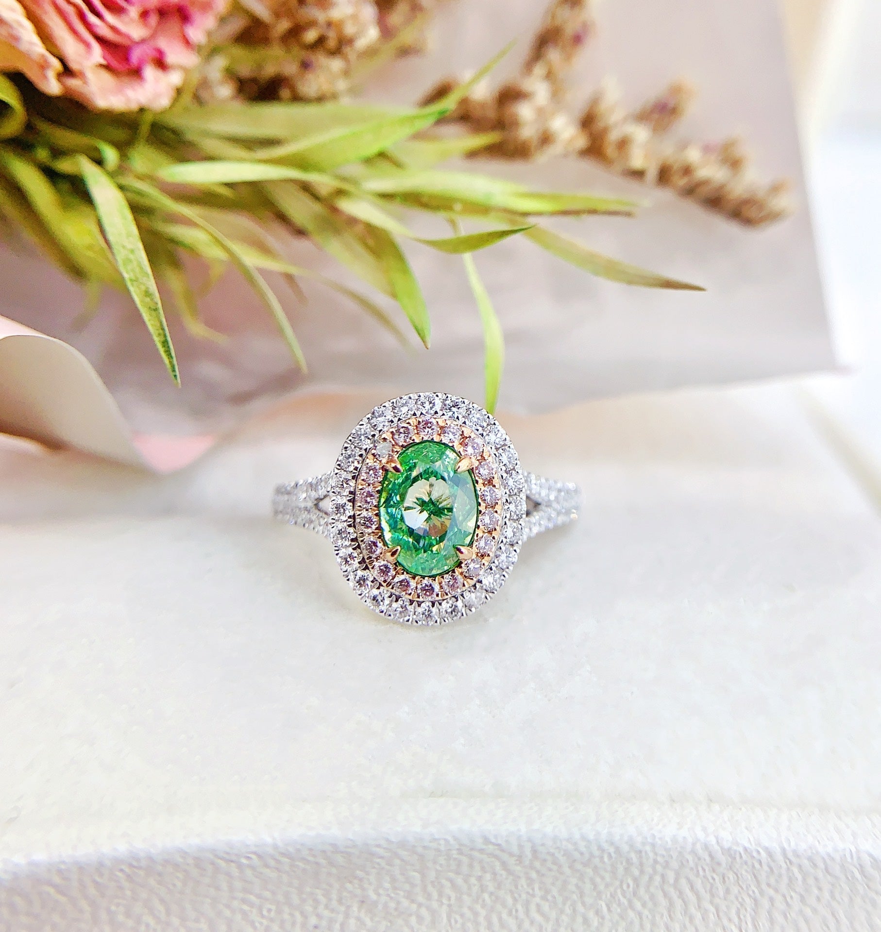 18K Green Diamond Oval Cluster Y-Arm Ring with International Certification - Green Diamond Ring