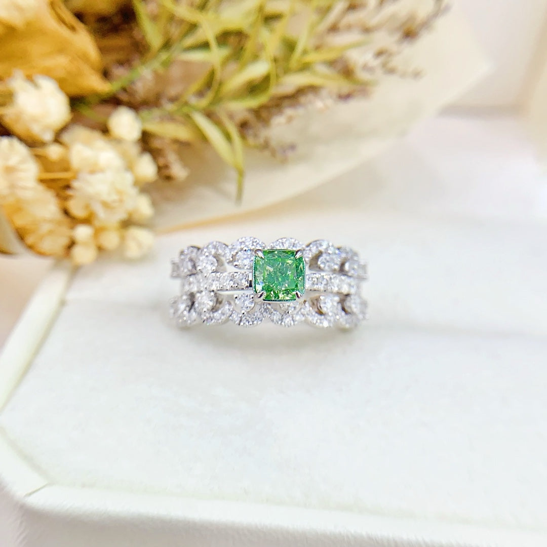 18K Green Diamond Pillow Shape Two-Way Wear Ring - Premium Jewelry - Green Diamond Ring