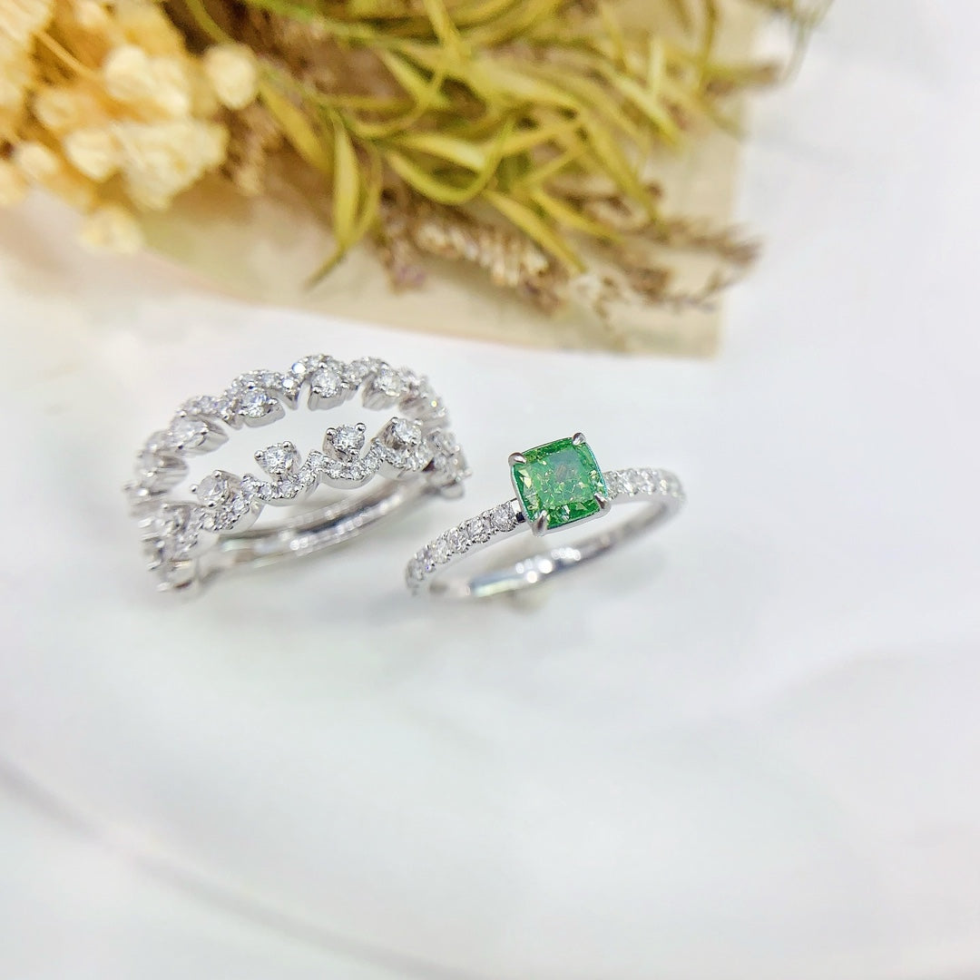 18K Green Diamond Pillow Shape Two-Way Wear Ring - Premium Jewelry - Green Diamond Ring