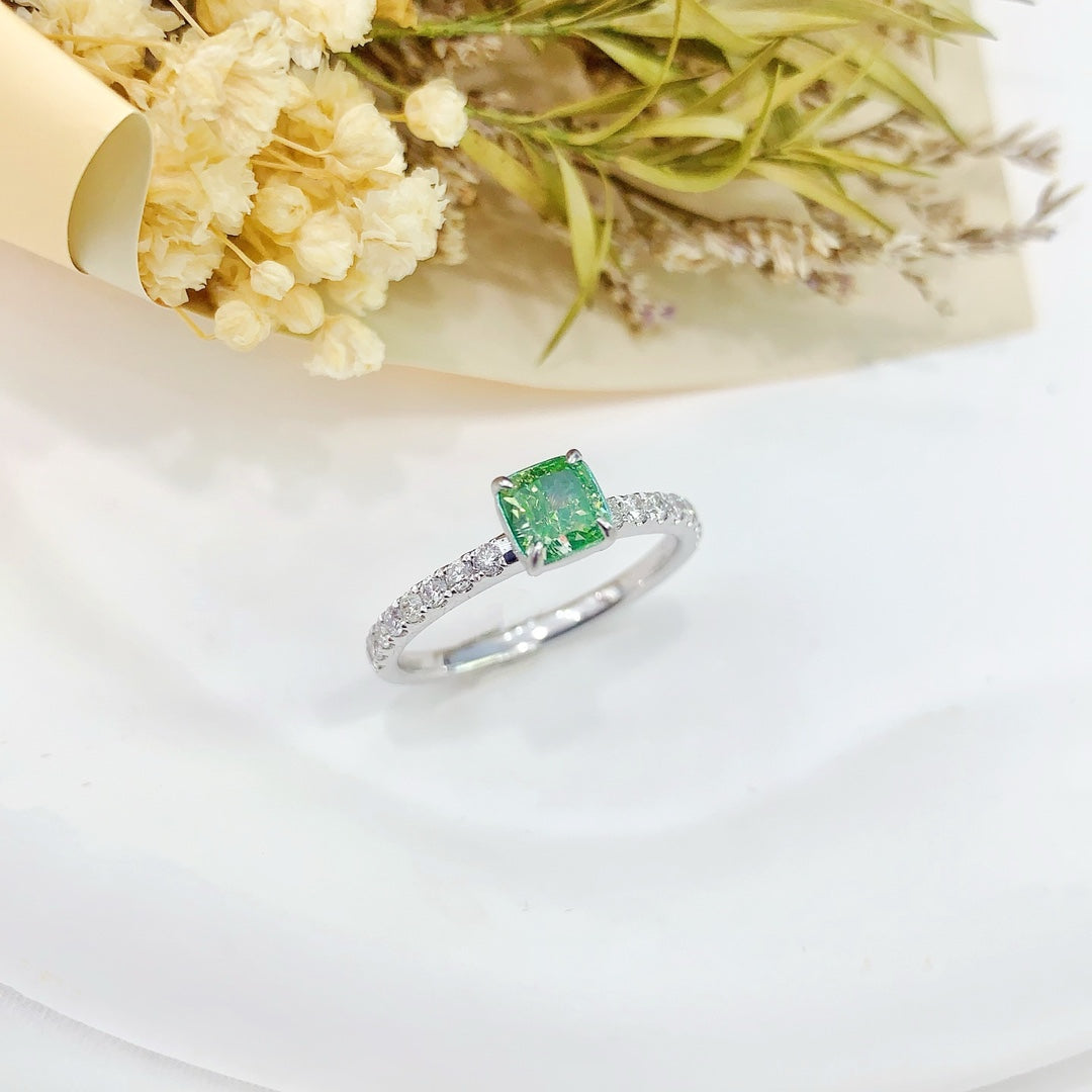 18K Green Diamond Pillow Shape Two-Way Wear Ring - Premium Jewelry - Green Diamond Ring