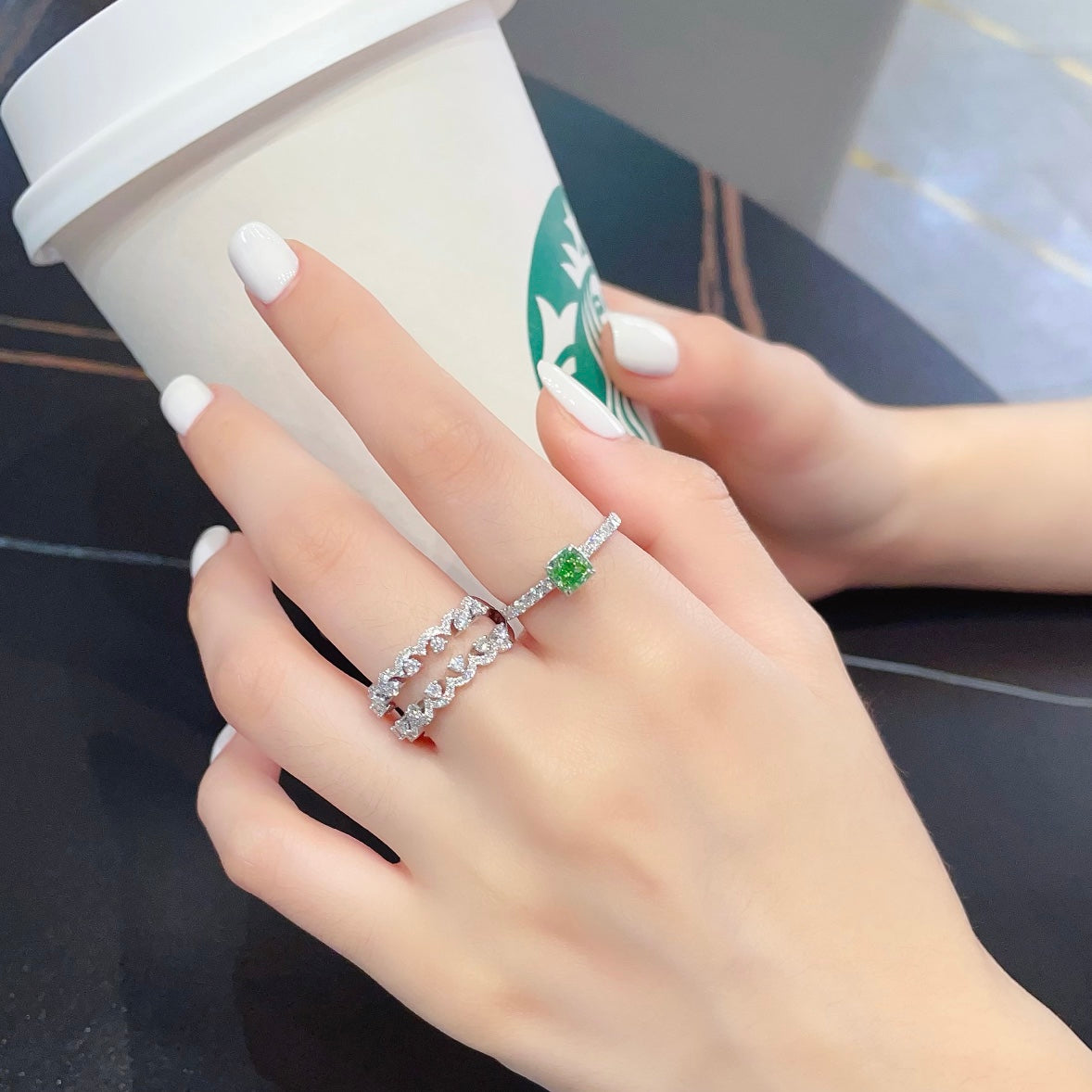 18K Green Diamond Pillow Shape Two-Way Wear Ring - Premium Jewelry - Green Diamond Ring