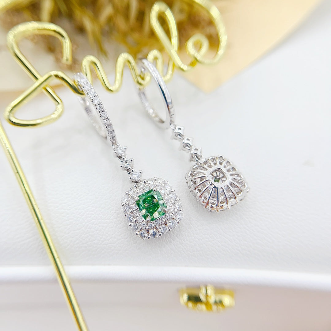 18K Green Diamond Pillow-Shaped Cluster Earrings with Certificate - Luxurious Jewelry Jeweler.Jewelry