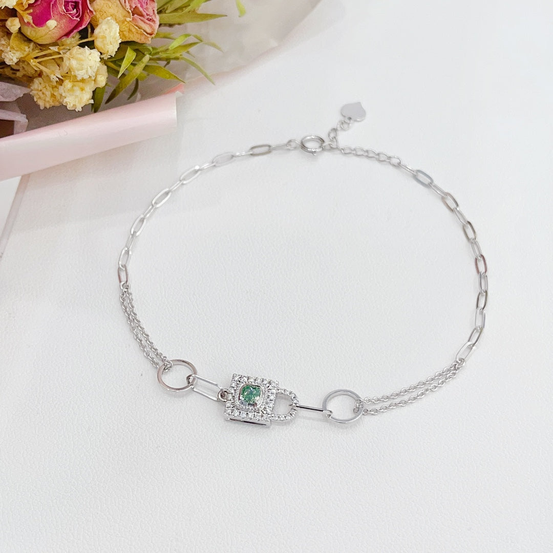 18K Green Diamond Pillow-Shaped Lock Clasp Bracelet - Luxury Jewelry - Green Diamond Bracelet