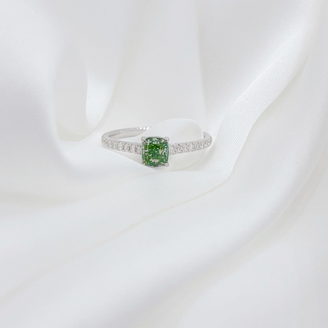 18K Green Diamond Solitaire Cushion Cut Ring - Premium Jewelry - Green Diamond Ring