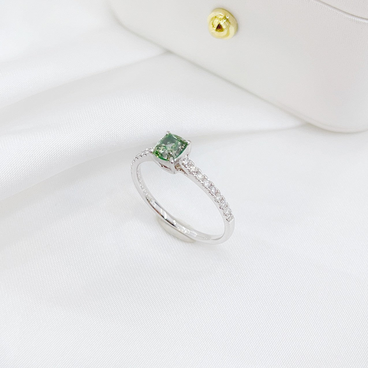 18K Green Diamond Solitaire Cushion Cut Ring - Premium Jewelry - Green Diamond Ring