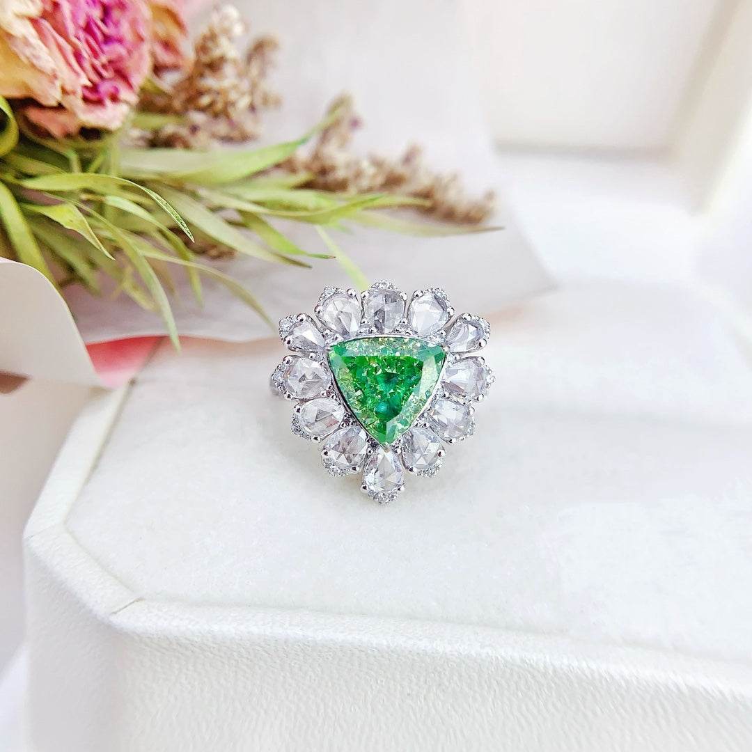 18K Green Diamond Triangle Rose Cut Drop Two-Way Wear Jewelry - Green Diamond Ring