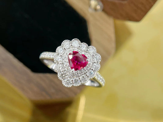 18K Heart-Shaped Double Halo Ruby Ring - Luxurious Jewelry - Red Treasure Ring