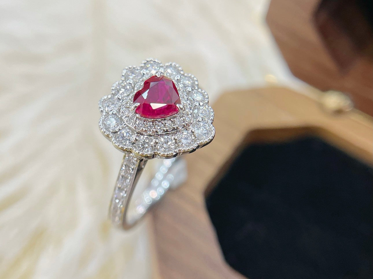 18K Heart-shaped Double-halo Ruby Ring - Luxury Jewelry - Red Treasure Ring