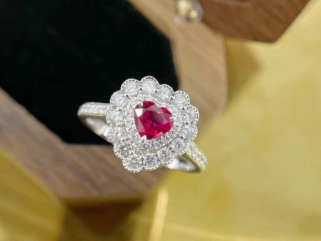 18K Heart-shaped Double-halo Ruby Ring - Luxury Jewelry - Red Treasure Ring