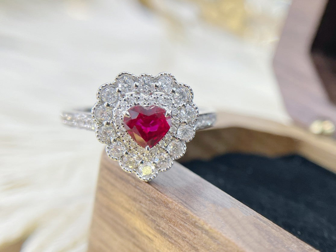 18K Heart-shaped Double-halo Ruby Ring - Luxury Jewelry - Red Treasure Ring