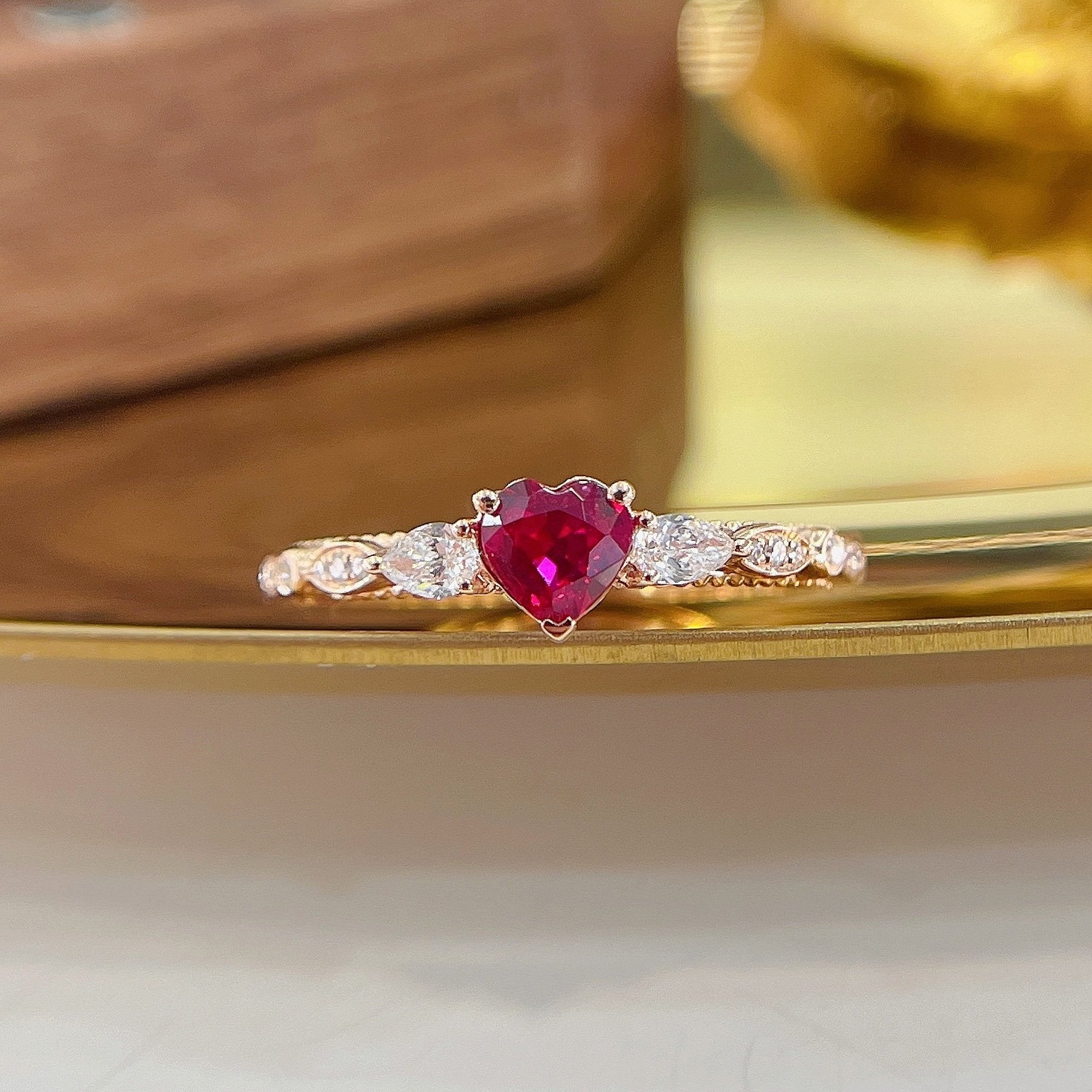 18K Heart-shaped Marquise Ruby Ring with Accent Stones - Elegant Jewelry Choice - Red Treasure Ring