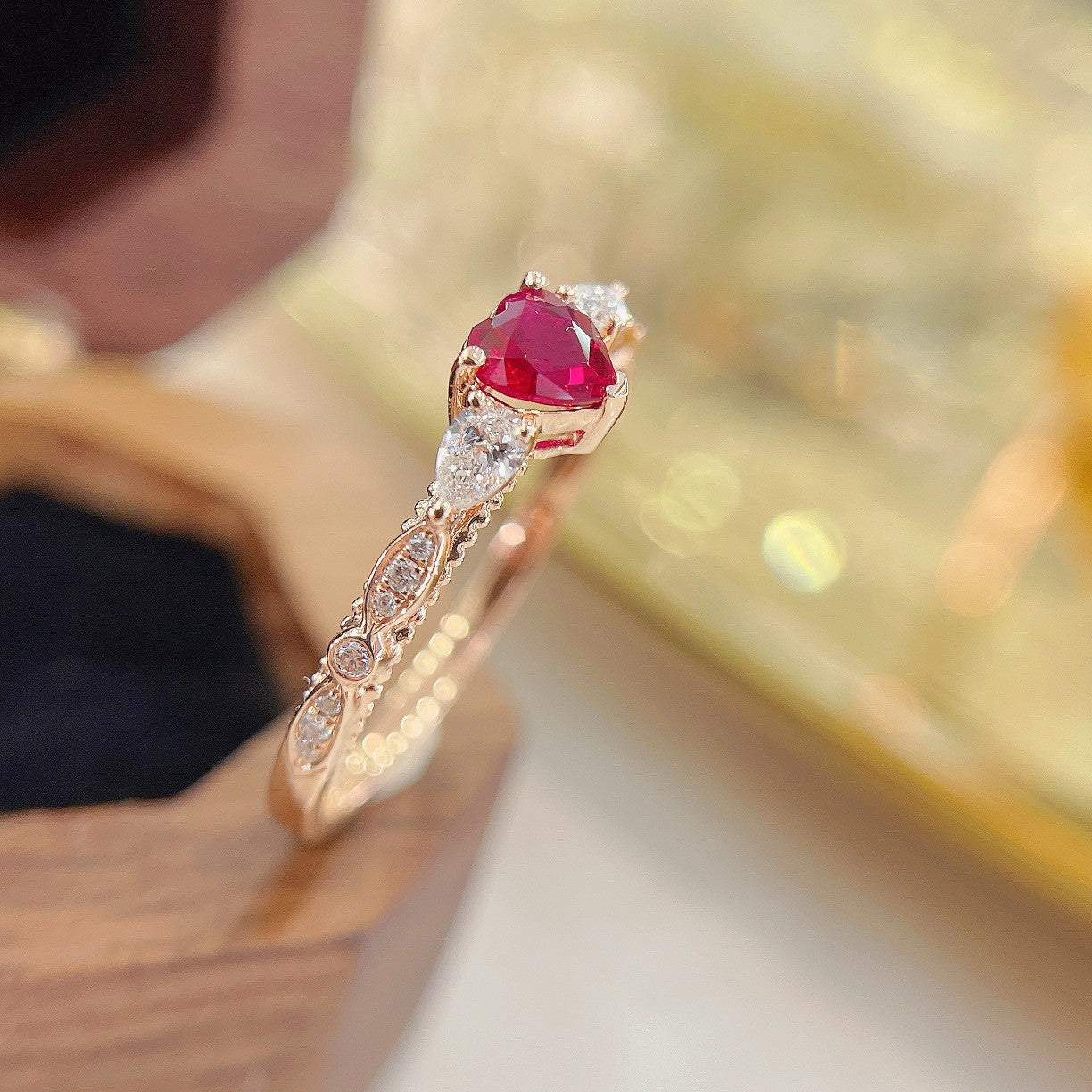 18K Heart-shaped Marquise Ruby Ring with Accent Stones - Elegant Jewelry Choice - Red Treasure Ring