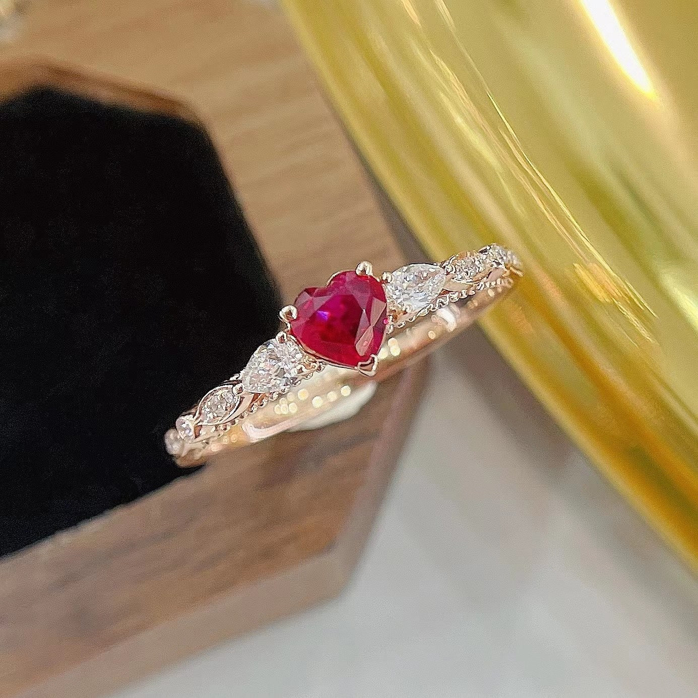 18K Heart-shaped Marquise Ruby Ring with Accent Stones - Elegant Jewelry Choice - Red Treasure Ring