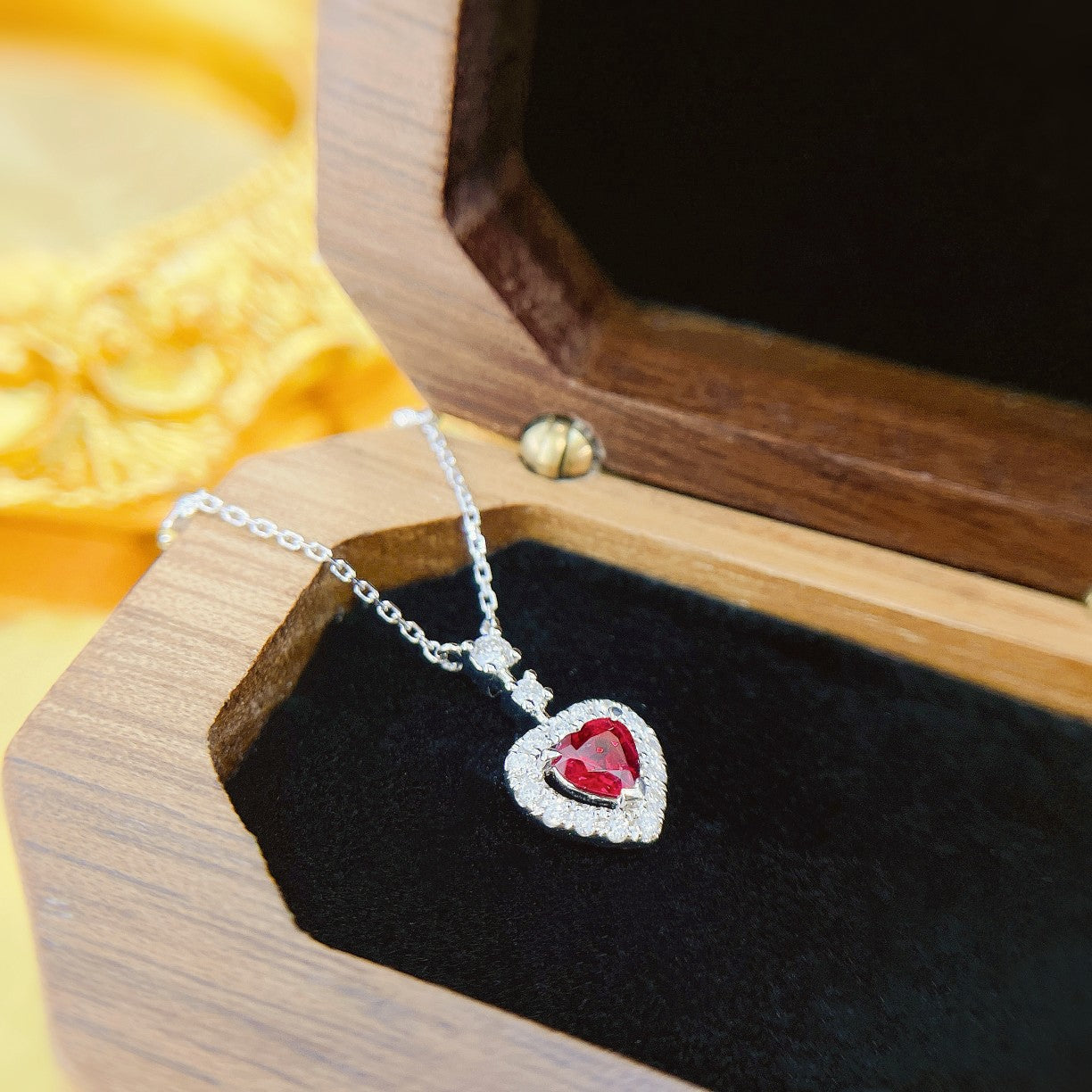 18K Heart-Shaped Ruby Bubble Necklace with Diamond Halo - XL068-C - Red Treasure Necklace