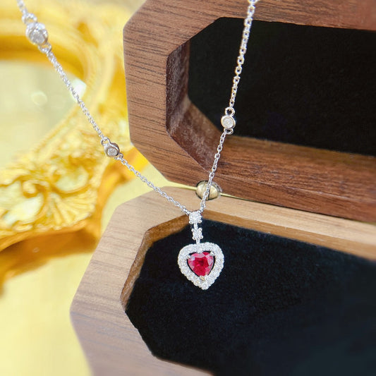 18K Heart-Shaped Ruby Bubble Necklace with Diamond Halo - XL068-C - Red Treasure Necklace