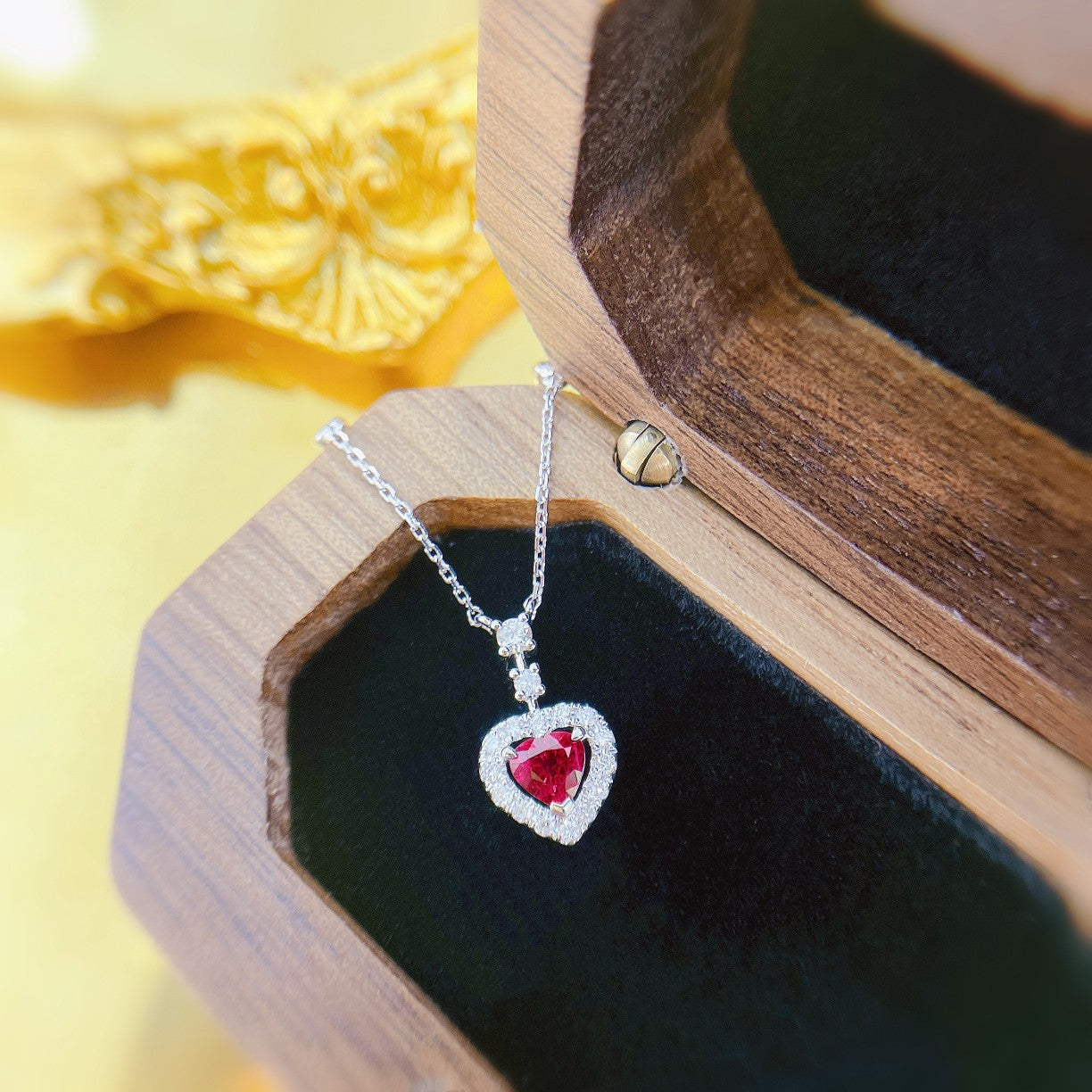 18K Heart-Shaped Ruby Bubble Necklace with Diamond Halo - XL068-C - Red Treasure Necklace