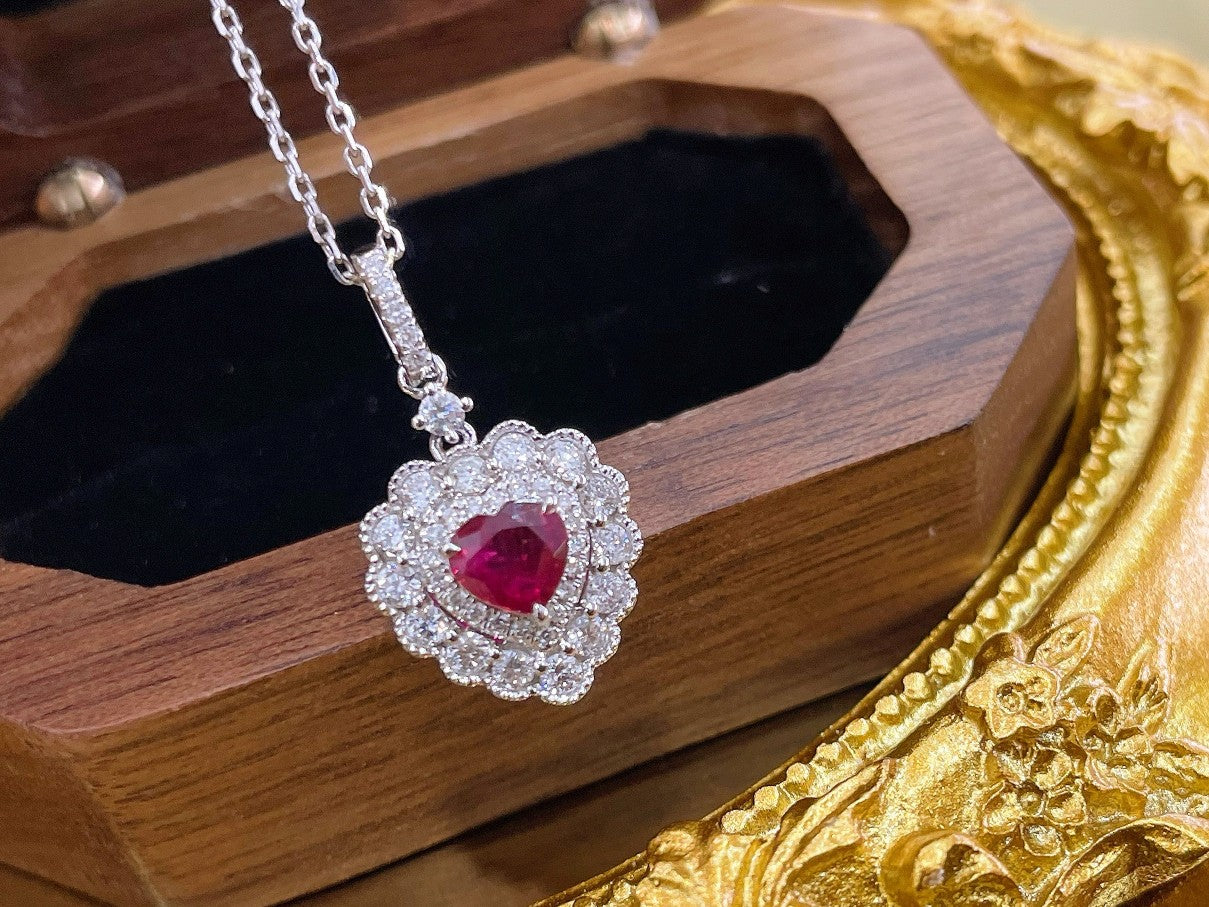 18K Heart-Shaped Ruby Double-Halo Necklace - Luxury Jewelry - Red Treasure Necklace