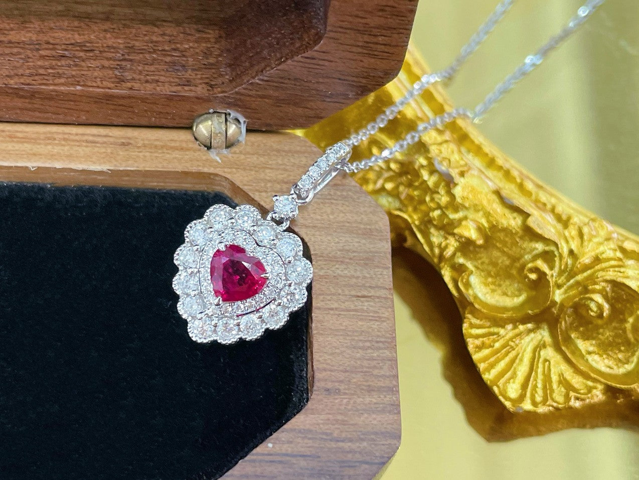 18K Heart-Shaped Ruby Double-Halo Necklace - Luxury Jewelry - Red Treasure Necklace