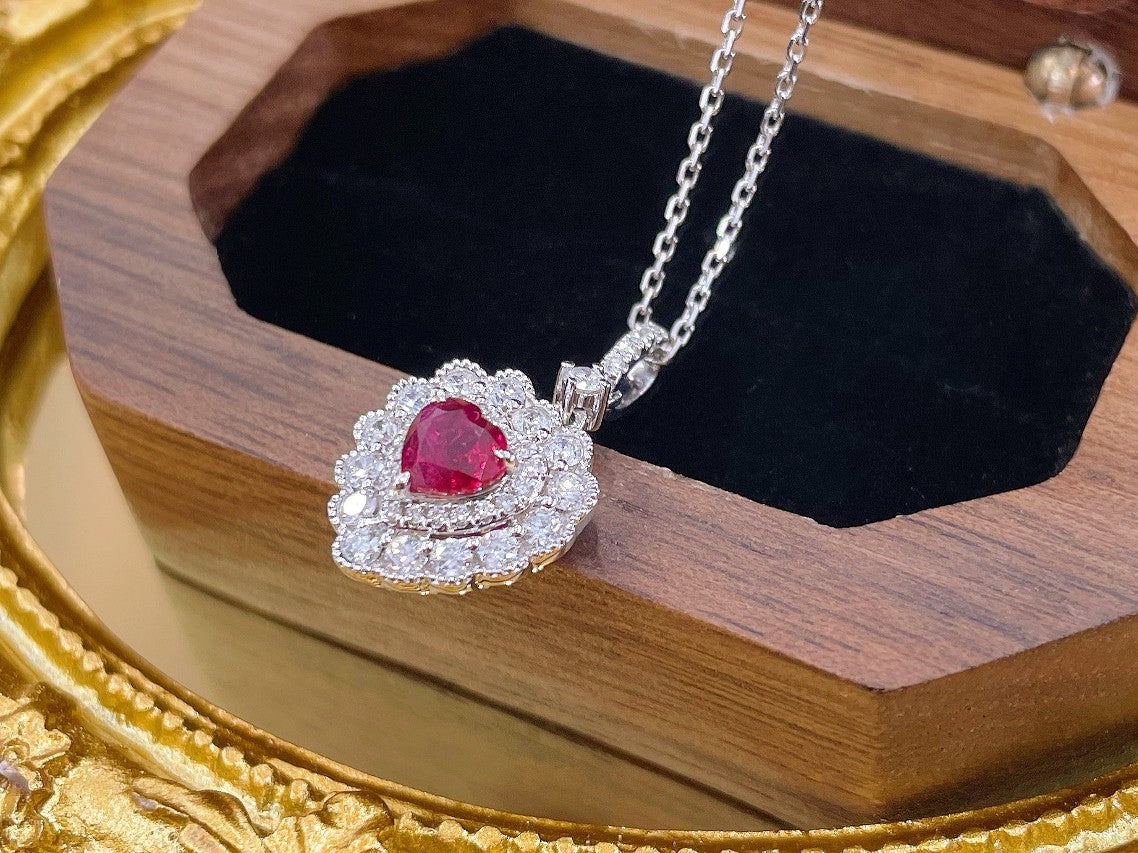 18K Heart-Shaped Ruby Double-Halo Necklace - Luxury Jewelry - Red Treasure Necklace