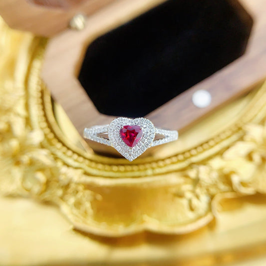 18K Heart-shaped Ruby Double-Stone Y-Arm Ring - Luxury Jewelry - Red Treasure Ring