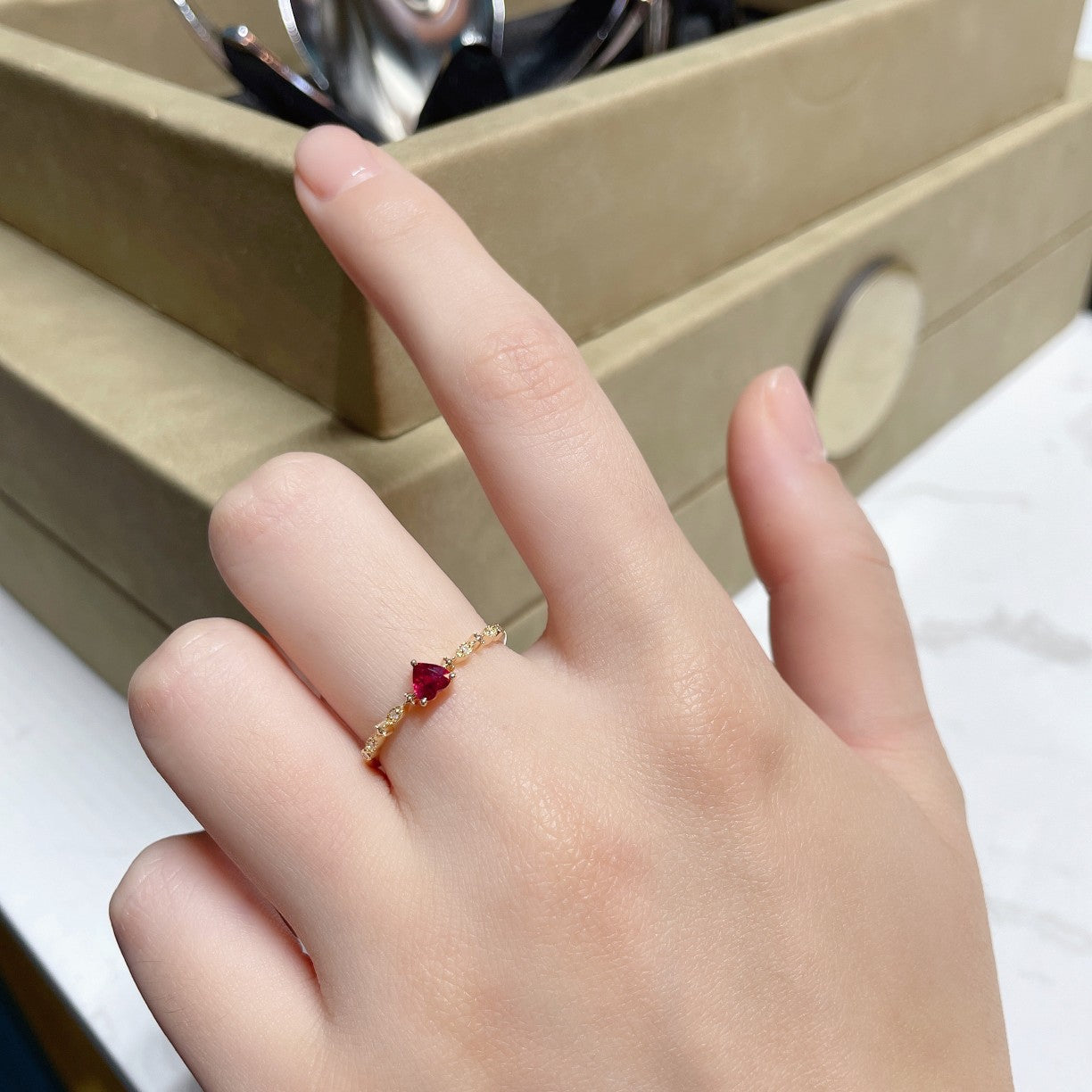 18K Heart-Shaped Ruby Ring with Single Stone - Premium Jewelry - Red Treasure Ring