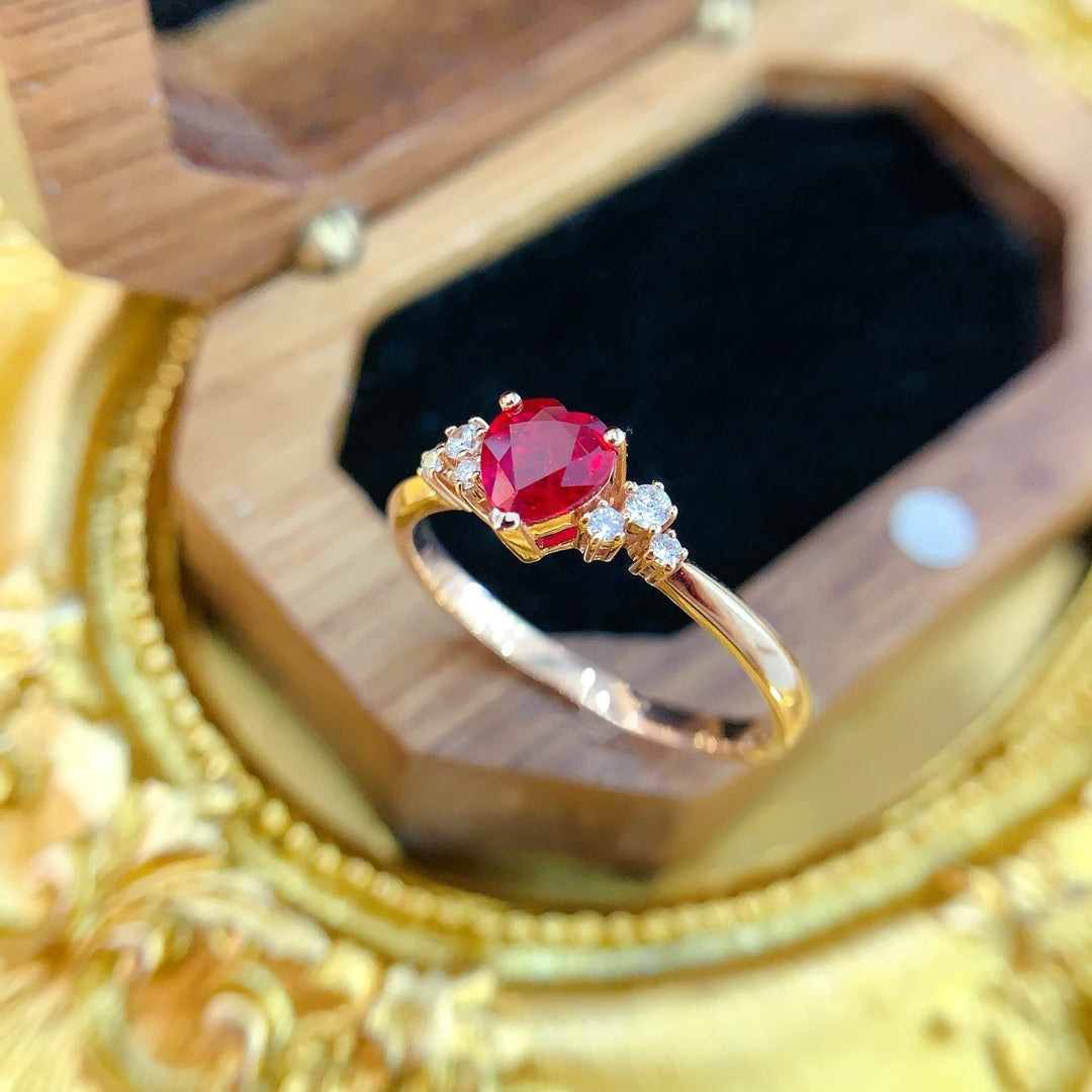 18K Heart-Shaped Starlight Ruby Ring for Women - Jewelry Gem - Red Treasure Ring