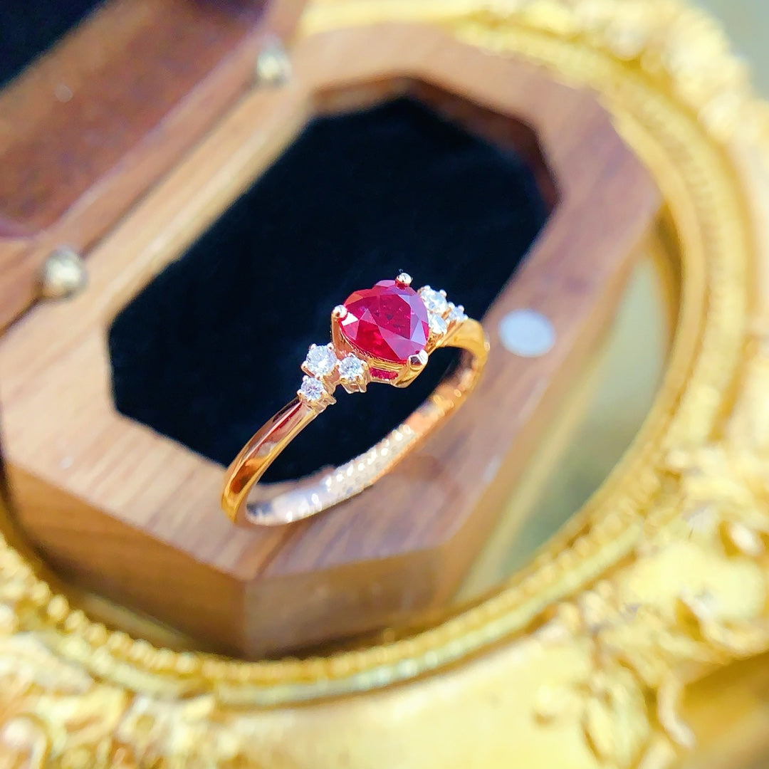 18K Heart-Shaped Starlight Ruby Ring for Women - Jewelry Gem - Red Treasure Ring