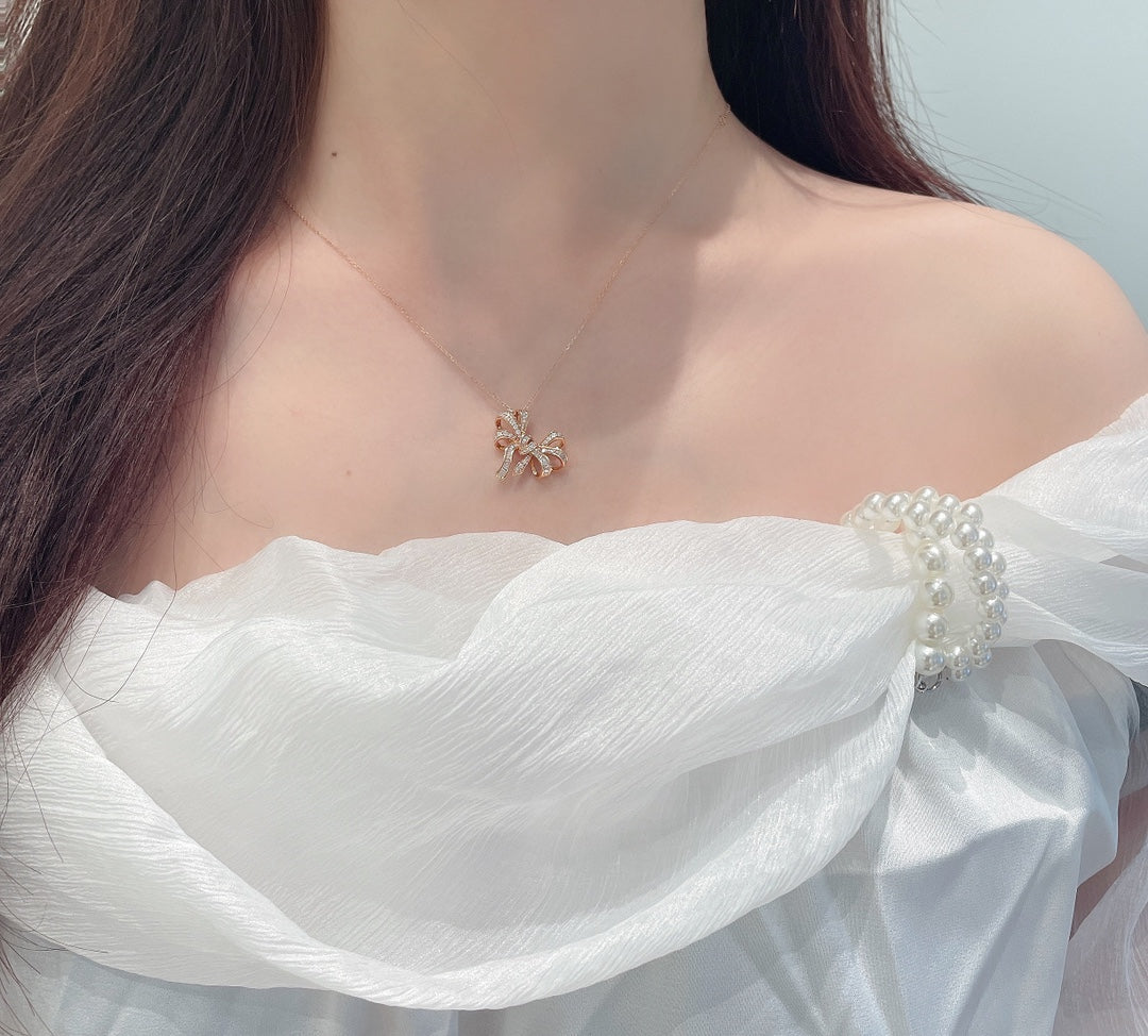 18K Irregular Bowknot Necklace with Diamonds - Luxury Jewelry - White Diamond Necklace