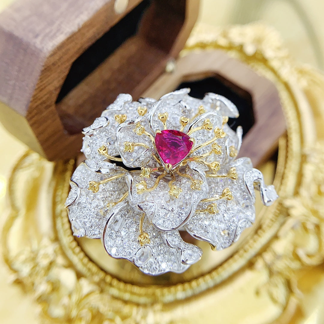 18K Luxury Two-Way Wearable Flower Petal Jewelry with Ruby - Red Treasure Ring