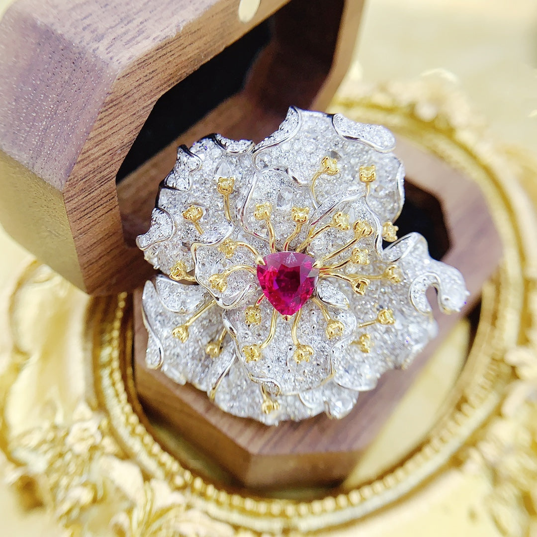 18K Luxury Two-Way Wearable Flower Petal Jewelry with Ruby - Red Treasure Ring