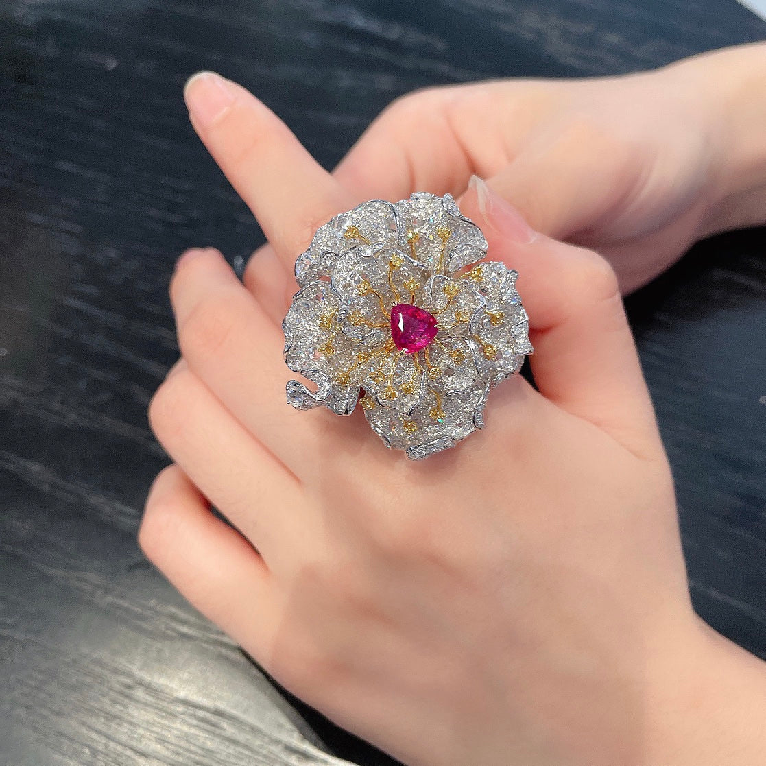 18K Luxury Two-Way Wearable Flower Petal Jewelry with Ruby - Red Treasure Ring